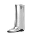 Modatope Mid Calf Boots for Women Fold Over Boots Square Toe Flat boots Slouch Riding Boots Slip On Shark Boots, A-silver, 7 UK