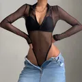 Body transparent en maille pour femmes Sexy col rond fermeture éclair manches longues