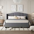 Latitude Run® Queen Size Bed w/ Wingback Headboard, One Twin Trundle & 2 Drawers Upholstered/Linen in Gray | 43 H x 65 W x 86 D in | Wayfair