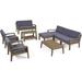 Deal Furniture Sally 7-Seater Sectional Sofa Set for Patio with Loveseat Club Chairs Ottoman and Coffee Tables Acacia Wood Teak Finish with Beige Outdoor Cushions