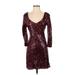 Crystal Doll Cocktail Dress - Sheath Scoop Neck 3/4 sleeves: Burgundy Print Dresses - Women's Size Medium