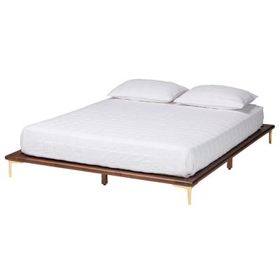 Channary Mid-Century Modern Transitional Walnut Brown Finished Wood And Gold Metal King Size Bed Fra by Baxton Studio in Walnut Brown Gold (Size QUEE