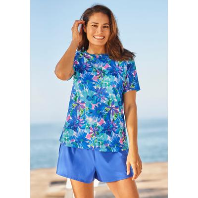 Plus Size Women's Cross-Back Swim Tee by Swim 365 in Blue Watercolor Floral (Size 38)