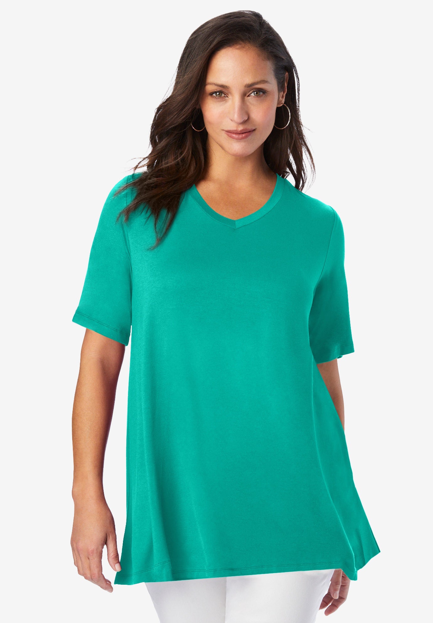 Plus Size Women's Stretch Knit V-Neck Swing Tunic by Jessica London in Aqua Sea (Size S)