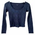 American Eagle Outfitters Tops | American Eagle Womens Floral Jacquard Long Sleeve Top Navy Blue Crop Top Size S | Color: Blue | Size: S