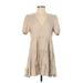 Zara Cocktail Dress - Mini V-Neck Short sleeves: Tan Solid Dresses - Women's Size X-Small