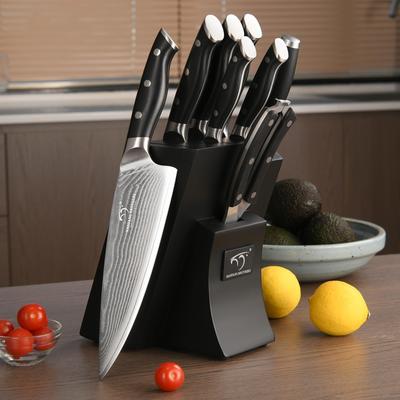 Knife Block Set, 9 Pcs Damascus Kitchen Knife Set with Block, Handle, for Chef Knife Set, Knife Sharpener and Kitchen Shears