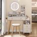 Makeup Vanity Desk Set with LED Lighted Mirror and Cushion Stool, Vanity Dressing Table with Bedside Cabinet, Drawers & Shelves