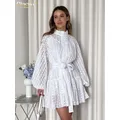 ClacMarkets-Mini robe en coton blanc pour femme col montant manches bouffantes robes à lacets