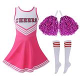 Cheerleader Uniform for Girls Cheerleader Costume Fancy Dress Cheerleading Uniform with Cheer Pom-Pom and Knee High Socks 3-12Y