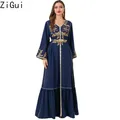 Zigui-Robe de Luxe Arabe Bleu Royal Manches sulf Broderie Dorée Col en V Ceinture Caftan