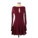 Free People Casual Dress - A-Line Plunge Long sleeves: Burgundy Print Dresses - Women's Size Small