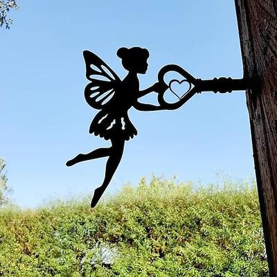 Ange sur branche en acier silhouette en métal art mural maison jardin cour patio extérieur statue pieu décoration parfaite pour les anniversaires, cadeaux de pendaison de crémaillère