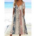 robe décontractée pour femme, imprimé floral, blocs de couleurs, froncé, col en V, robe midi, sexy, décontractée, quotidienne, manches courtes, été, printemps