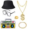 Kit de costume hip hop des années 80/90, accessoires de rappeur, chapeau seau, lunettes de soleil, chaîne en or, bague, tenue pour hommes et femmes