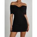 Robe Fourreau robe ceremonie Femme Mini robe Dos Nu Noeud Mariage Soirée Elégant Grande occasion Epaules Dénudées Manche Courte Standard Noir Blanche Rouge S M L XL