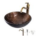 Lavabo de salle de bain de 16,5 pouces avec robinet en laiton vintage, bassin en verre trempé antique avec drain escamotable, ensemble de lavabo rond artistique de comptoir, évier de vanité au-dessus du comptoir