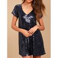 robe paillette Robe de vacances Robe cravate noire Femme Mini robe Paillettes Soirée Vêtement de rue Sexy Col V Manche Courte Ample Noir Champagne S M L XL 2XL