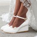 chaussures de mariage pour mariée demoiselle d'honneur femmes bout fermé bout pointu blanc pu faux cuir avec dentelle fleur talon compensé fête de mariage saint valentin élégant classique bride à la cheville