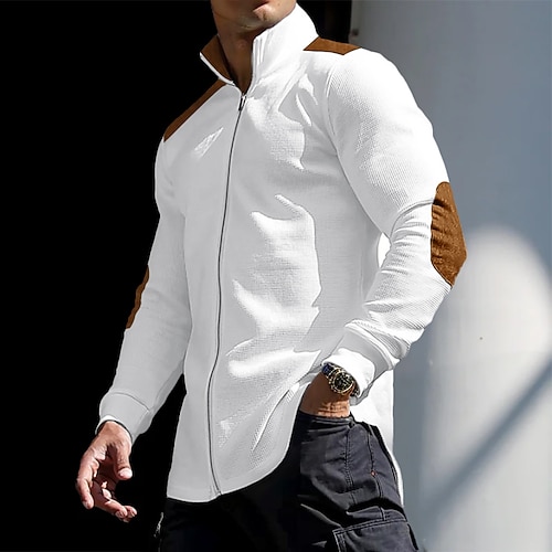 Homme T-shirt Veste Tee-shirt Tricot Gaufre Chemise à Manches Longues manche longue Col montant Printemps Automne Bloc de Couleur Mode Designer Basique Zip Up Patchwork Vacances Rue Sortir Bleu
