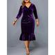 Grande Taille Courbe Robe velours robe soirée Robe d'hiver Femme Robe mi-longue Plein manche longue Col V Elégant Soirée Noir Vin Violet Printemps Automne L XL XXL 3XL 4XL