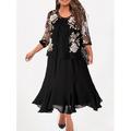 Grande Taille Courbe robe noire robe soirée Robe deux pièces Femme Robe mi-longue Floral Manches 3/4 Imprimer Col Ras du Cou Elégant Soirée Noir Automne Hiver L XL XXL 3XL 4XL