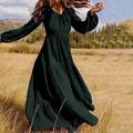 robe longue Femme Robe Évasée manche longue Automne Printemps Eté - Bohème Casual Ruché Plissé Patchwork Couleur monochrome Manches Bouffantes Col V robe automne Ample Vert foncé Marron Noir M L XL