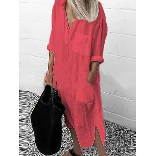 Robe longue maxi femme en faux coton et lin, robe chemise blanche, robe décontractée, robe basique pour les vacances, coupe ample, couleur unie, manches longues, col chemise, blanc, jaune, rouge, bleu, été