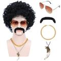 70s 80s disco wig with moustache lunettes artificielle dent de loup collier chaîne en or court bouclés cheveux synthétiques afro mens wig for 60s rocker singer hippies costume cosplay halloween party