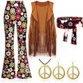 Rétro Vintage Années 60 Hippie Années 70 Pantalon Bandeau Gilet en daim Déguisements des années 70 pour femmes Tenues des années 70 Bandeaux Boucles d'Oreille Hippie Femme Halloween Carnaval Fête