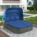 Outdoor Daybed Sunbed 6 Piece Patio Wicker Furniture Set with Canopy and Ottomans Cushioned Conversation Set PE Rattan Sectional Sofa Set for Pool Garden Backyard Lawn Blue D7919