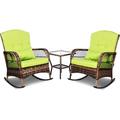 3 Pieces Patio Conversation Set w/ 2 Rattan Wicker Rocking Chairs and Glass Table for Garden Backyard Lown Porch (Green)