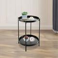 Black Small Folding Accent Table Outdoor Side Table 2-Tier Removable Tray
