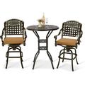 VIVIJASON 3-Piece Outdoor Swivel Bar Stools Set All Weather Cast Aluminum Patio Bar Height Bistro Set with 2 Cushioned Bar Chairs & 30.8 High Bar Table w/Umbrella Hole for Backyard Lawn Garden