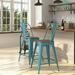 YZboomLife Sarah 24 Metal Indoor-Outdoor Counter Stool with Vertical Slat Back Integrated Footrest and Wood Seat in Crystal Teal-Blue