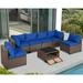 Haverchair Rattan Furniture Set 7 Pieces Wicker Patio Sectional Sofa Conversation Set Outdoor Rattan Furniture Sectional Sofa Set with Thickened Cushions and Storage Glass Coffee Table Blue