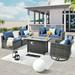 HOOOWOOO 8 Pieces Outdoor Furniture Sectional Sofa Patio Set with Swivel Rocking Chair and Fire Pit Table Bright Blue