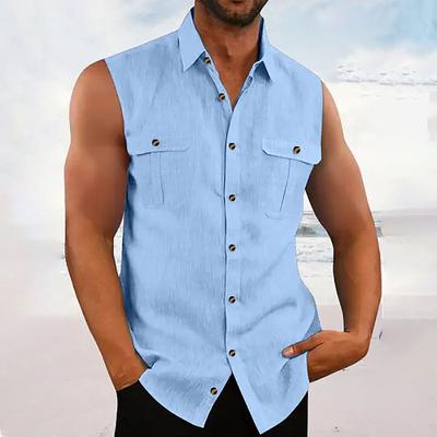 Men's Shirt Summer Shirt Casual Shirt Beach Shirt Button Up Shirt Black Blue Purple Green Sleeveless Plain Lapel Vacation Hawaiian Pocket Clothing Apparel Cotton Polyester Fashion Casual Comfortable