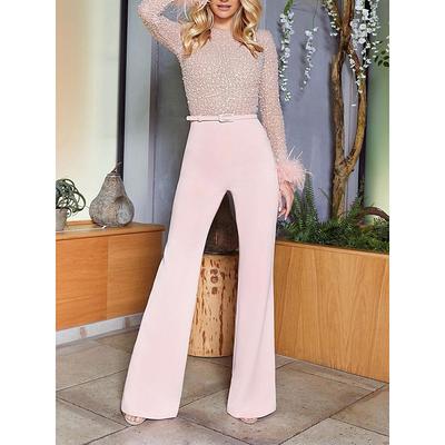 Women's Jumpsuit High Waist Feather Sparkly Solid Color Crew Neck Streetwear Wedding Party Regular Fit Long Sleeve White Pink Blue S M L Summer