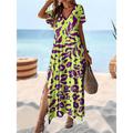 Women's Casual Dress Summer Dress Leaf Leopard Split Print V Neck Long Dress Maxi Dress Vacation Short Sleeve Summer