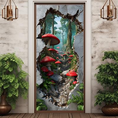 Broken Wall Mushrooms Door Covers Mural Decor Door Tapestry Door Curtain Decoration Backdrop Door Banner Removable for Front Door Indoor Outdoor Home Room Decoration Farmhouse Decor Supplies