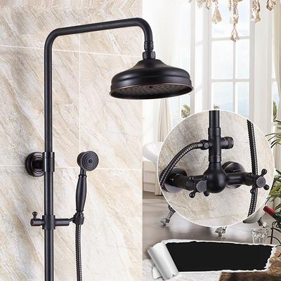 Antique Shower System Faucet Combo Set, 8 Rainfall Shower Head Kit with Handshower Wall Mounted, Brass Copper Black Electroplated Finish Vintage Style 2 Handles 3 Hole Bath Mixer Taps with Bodysprays