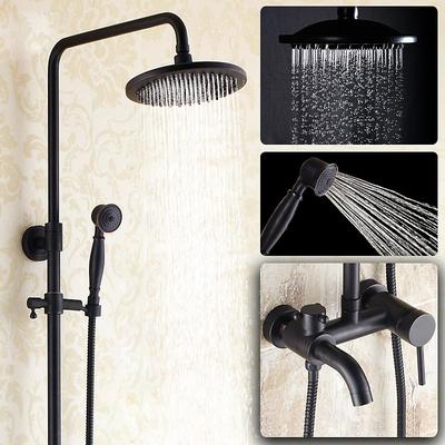 Antique Shower System Faucet Combo Set, 8 Rainfall Shower Head Kit with Handshower Wall Mounted, Brass Copper Black Electroplated Finish Vintage Style 2 Handles 3 Hole Bath Mixer Taps with Bodysprays