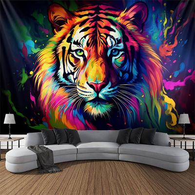 Blacklight Tapestry UV Reactive Glow in the Dark Glow Party Neon Tiger Animal Psychedelic Trippy Misty Hanging Tapestry Wall Art Mural for Living Room Bedroom