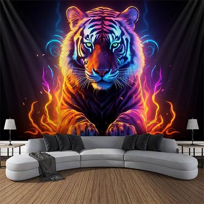 Tiger Blacklight Tapestry UV Reactive Glow in the Dark Trippy Animal Nature Landscape Hanging Tapestry Wall Art Mural for Living Room Bedroom