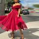A-Line Cocktail Dresses Vintage Dress Wedding Guest Red Green Dress Tea Length Sleeveless Off Shoulder Tulle with Pleats 2024