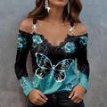 Women's Shirt Blouse Butterfly Casual Print Lace Trims Cold Shoulder Pink Long Sleeve Fashion V Neck Spring Fall