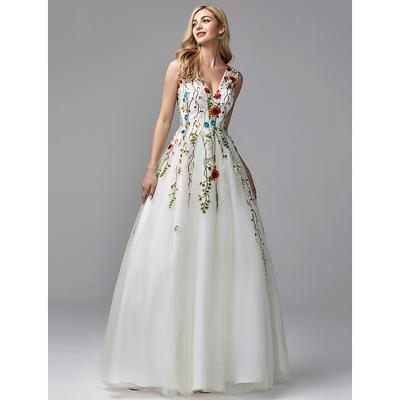 TS Beach Wedding A-Line Special Occasion Dresses Floral Dress Valentine's Day Wedding Guest Floor Length Sleeveless V Neck Lace with Embroidery Appliques dress to impress 2025