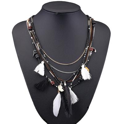 CARNIVAL Bohemian Multi layered Necklace Handmade Beaded Feather Fringe Sweater Chain Resin Rice Beads Tourism Jewelry