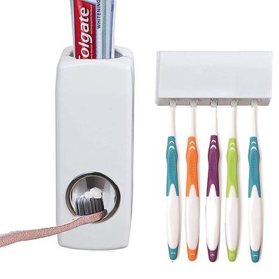 Toothpaste Dispenser and Toothbrush Holder Set Wall Mounted Automatic Toothpaste Squeezer and Toothbrush Organizer Holder Restroom Bathroom Accessories (5 Brushes Slots)